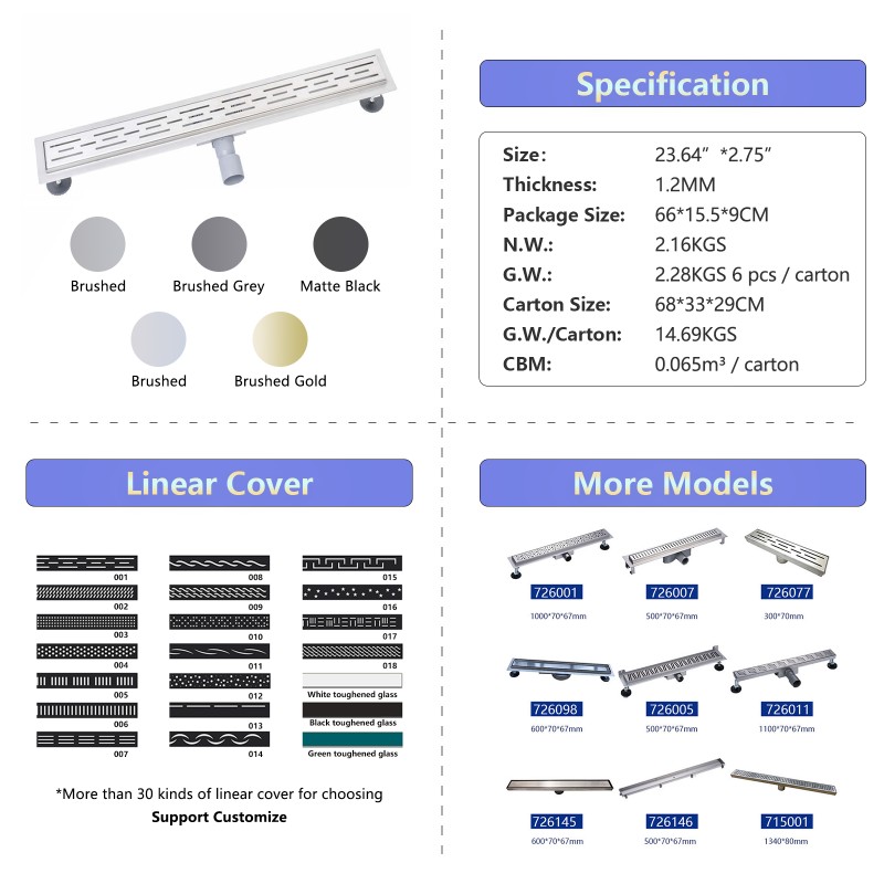 24 Inch Long Floor Drain for Shower